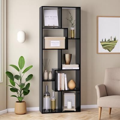 ZWYO HOSIMU 70.87in MDF 5-Tier Asymmetrical Display Shelf with Staggered Cube Design, Bookcase & Room Divider with Space-Saving Profile