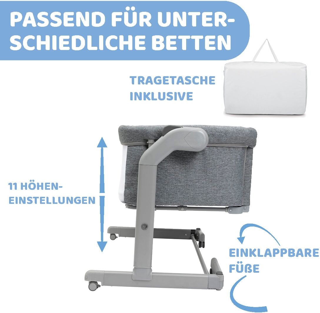 Beistellbett CHICCO "Next2Me Magic Evo Dark Grey", Baby, Gr. B/H/L: 73,5cm x 64cm, kein Härtegrad, grau (dunkelgrau), Polyester, Babybetten Beistellbett, mit Schaukelmodus; inklusive Transporttasche dunkelgrau B/H/L: 73,5cm x 64cm, kein Härtegrad