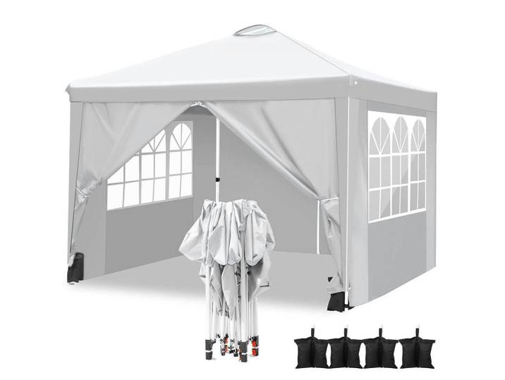 Pavillon 3 x 3 m Weiß mit 4 Seitenteilen, 300x206x300 cm, Sonnenschutz, Pavillons