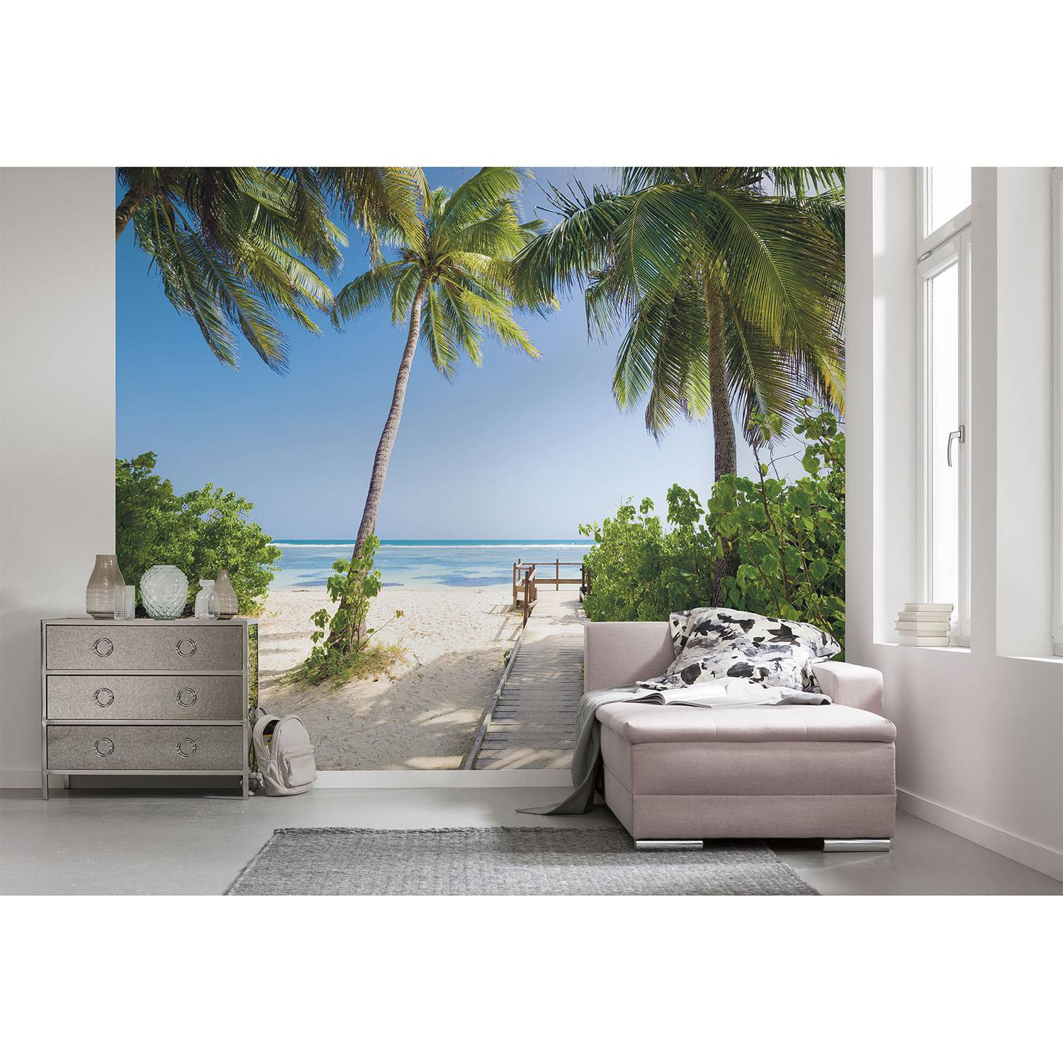 home24 Fotobehang Palmy Beach Multicolour Blauw B: 300 cm, H: 250 cm