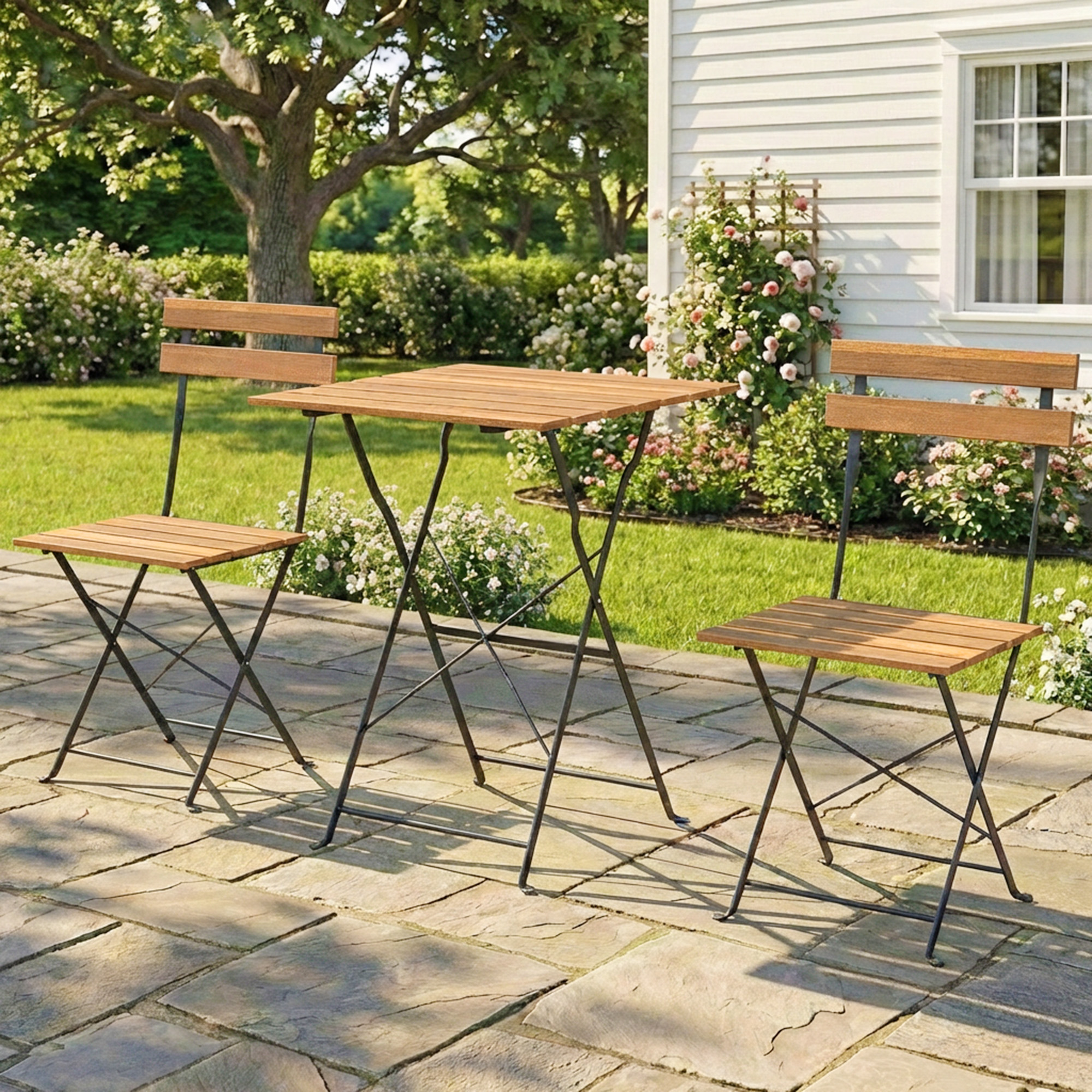 Outsunny Set Salotto da Giardino Bistrot 3 Pezzi, 2 Sedie Pieghevoli, Tavolo Quadrato in Legno di Acacia, 55x55x71cm, Naturale   Aosom Italy