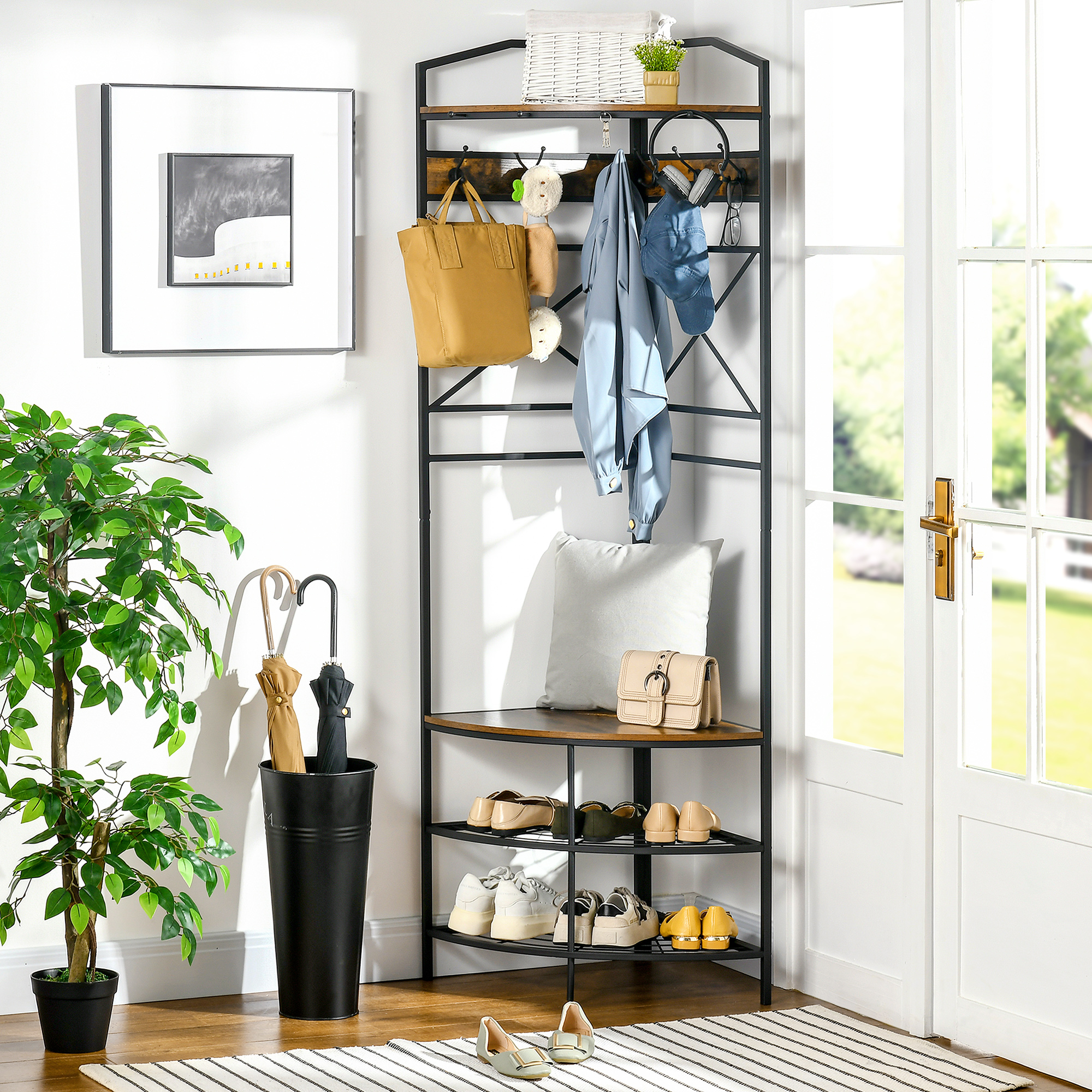 Homcom Appendiabiti da Terra Angolare con Panca e Scarpiera in Stile Industriale, 50x50x183cm, Marrone Aosom