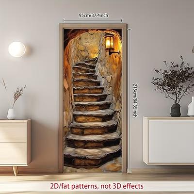 Türverkleidung mit 3D-Optik-Illusion, Steintreppen-Design mit warmem Laternenlicht, 2D-Flachdruck, dekorative Türverkleidung
