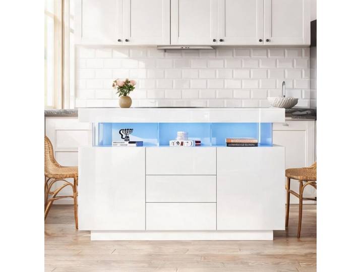 Buffet moderne blanc laqué avec bandeau LED 16 couleurs et 3 tiroirs 140x35x80 cm