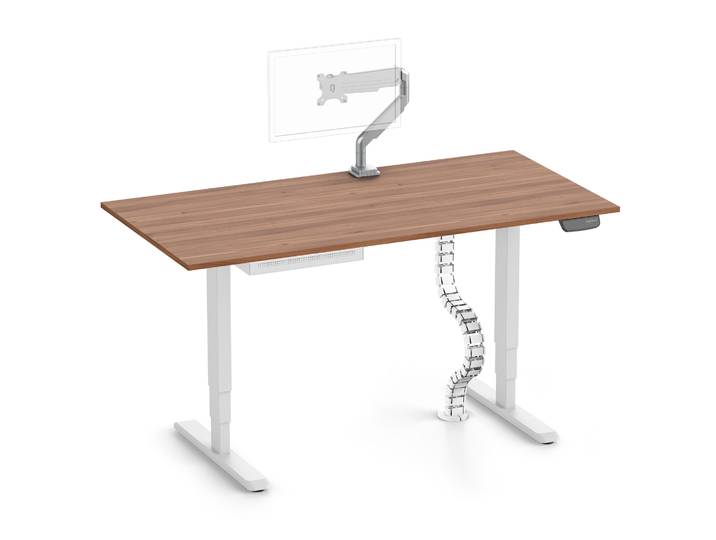 PRIMUS + Slimline Schublade, Kabelschlange & Halter Weiß 160x80 Nussbaum Monitorarm silber