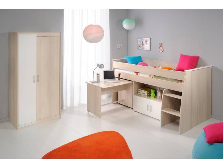 Jugendzimmer-Set PARISOT Charly , weiss (akaziefarben, weiß), Schlafzimmermöbel-Sets, Jugendzimmer-Set, Bett mit herausziehbarem Schreibtisch auf Rollen