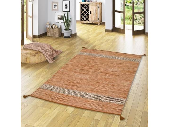 Pergamon Natur Teppich Bauwolle Kelim Toskana Beige Naturteppich Handgewebt Pflegeleicht für Küche Flur Wohnzimmer