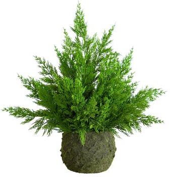 Nearly Natural 18-in Artificial Real Touch Winter Cypress Bush in Moss Planter