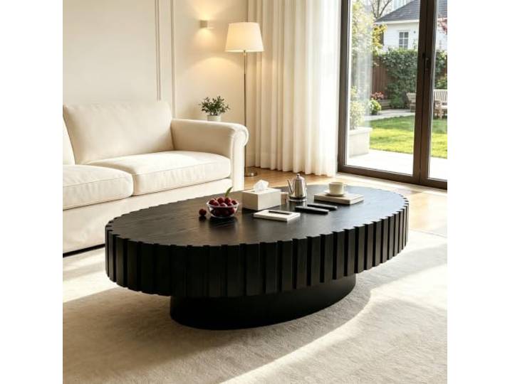 43,3 Zoll großer ovaler Couchtisch aus Holz mit Kannelierung Mid-Century-Modern-Couchtisch mit abgerundeten Kanten und niedrigem Schwerpunkt, ideal für kleine Wohnzimmer