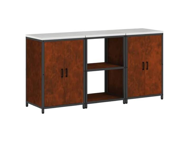 fsahslih Küchenregal Set HATTEM 3-teilig aus Stahl Schrank Rostig Moderne Lagermöglichkeit für Küche und Esszimmer mit 6 Regalen und 4 Türen aus robustem Stahl für Töpfe sowie Vorräte.