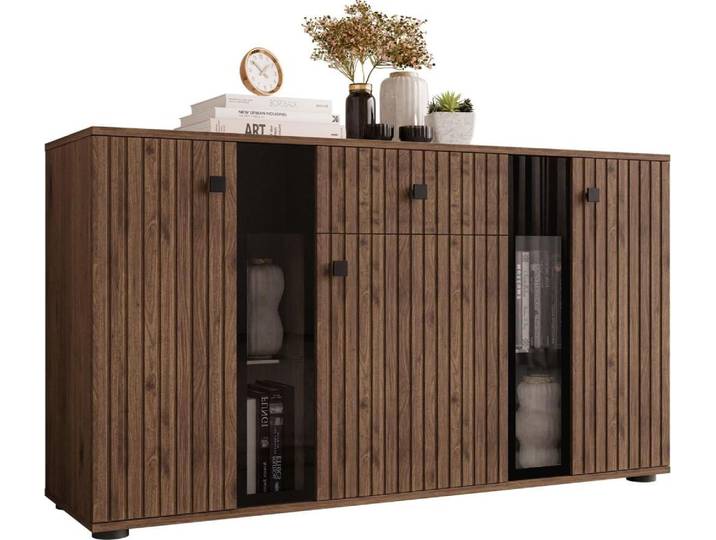 MIRJAN24 Kombikommode Salsa MDF, Kommode mit 3 Türen und Schublade, Fronten teilweise aus gehärtetem Glas (Farbe: Nuss Okapi, ohne Beleuchtung)