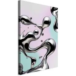 Artgeist, Bilder, Metallic Fluidity - Abstract Silver Forms on a Mint-Purple Background (80 x 120 cm)