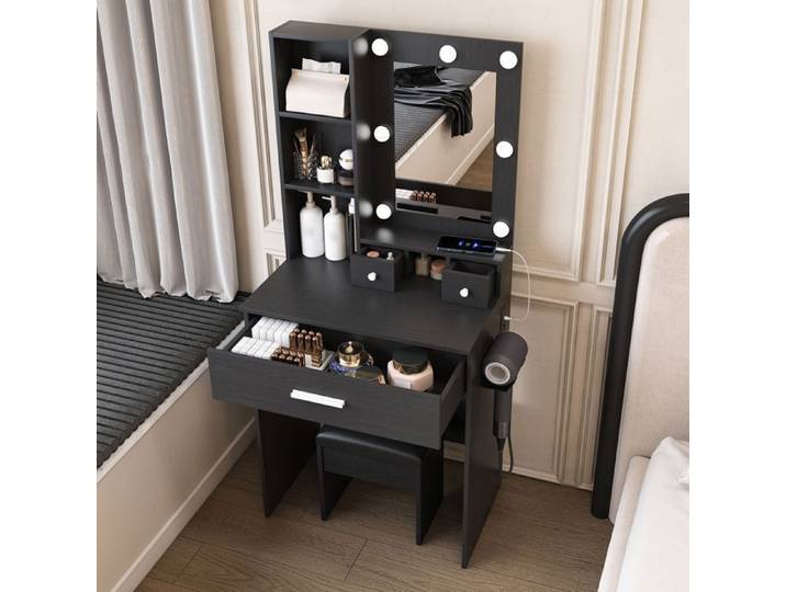 Coiffeuse miroir LED 60x38x131 5 cm éclairage réglable prise tiroirs support sèche-cheveux tabouret noir