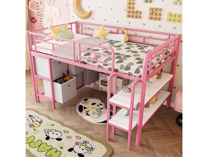 MEUBLIV Lit mezzanine enfant 90x200 cm avec 6 tiroirs et étagères métal + MDF rose