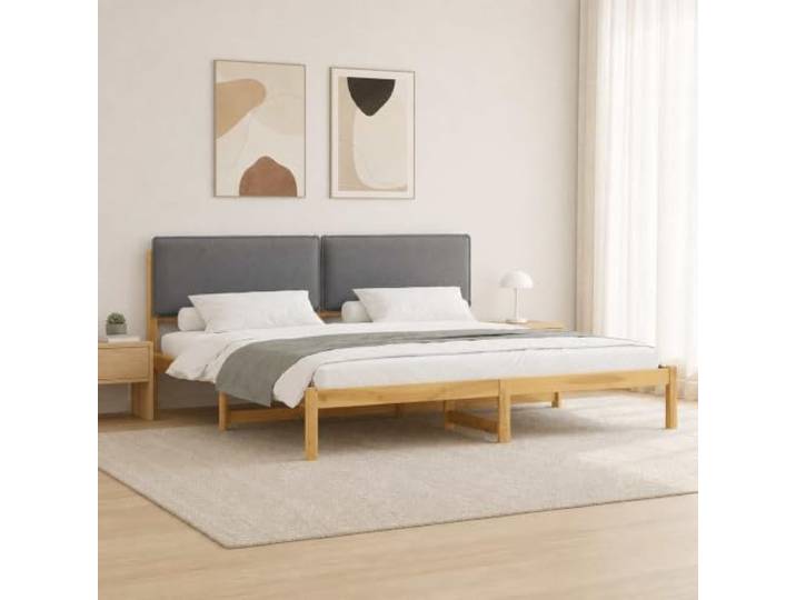 Bett mit Kopfteil, weiß gewaschen und hellgrau, aus Holz Akazie Massivholz, Stoff 100% Polyester Leinenoptik, Kopfteil gepolstert, Innenbereich
