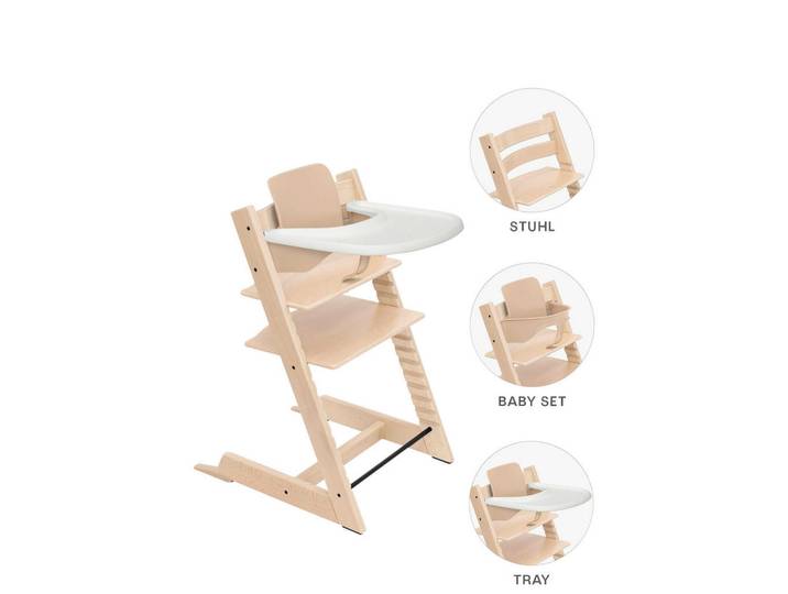 Stokke Hochstuhl-Set Tripp Trapp Bundle, Naturfarben, Holz, Buche, 46x79x49 cm, Fußstütze verstellbar, Sitzfläche verstellbar, höhenverstellbar, Tablett, Snacktablett, Babymöbel & Kindermöbel, Babyzimmer, Hochstühle