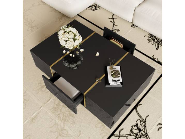 Table basse Table basse rectangulaire Salon Table basse moderne en noir brillant et 2 tiroirs