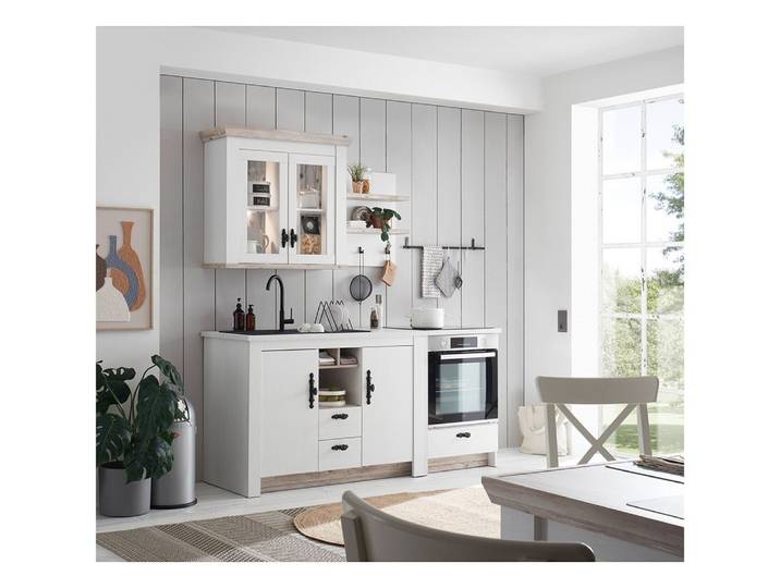 Lomadox Küchenzeile FERNA-61, 4-teilig, Pinie weiß mit Pinie dunkel, Softclose-Funktion, Landhaus