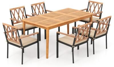Costway 7 Piece Patio Acacia Wood Dining Set Solid Wooden Dining Furniture with Umbrella Hole