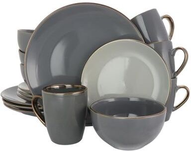 Elama Tahany Grand 16pc Luxurious Stoneware Dinnerware Set in Stone