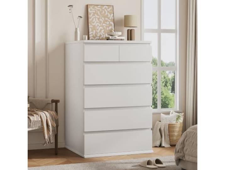 Jocoevol Kommode mit 6 Schubladen, Kleine Ablage Schubladen mit Trennwänden Moderner Sideboards Schubladenschrank, Stauraum Schrank für Schlafzimmer Wohnzimmer, 60x40x103,5 cm, Weiß