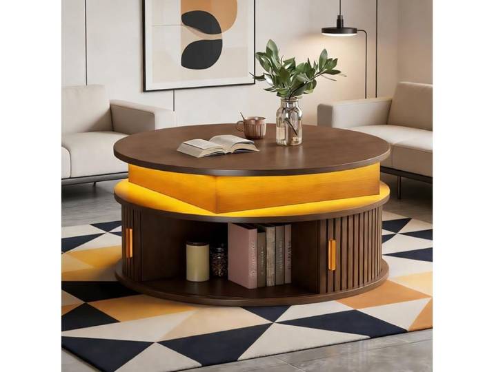 WUVRIE Table basse ronde relevable 75 cm avec LED rangement caché MDF coloris noyer