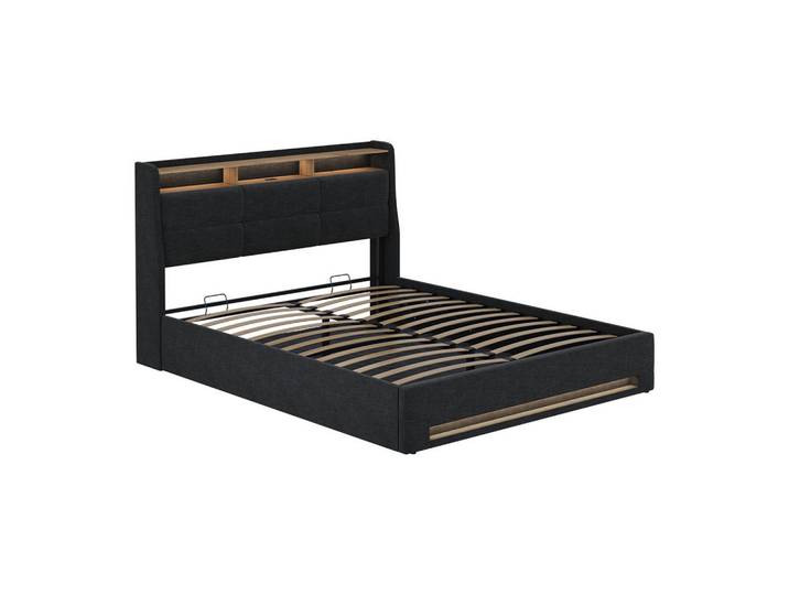 VitaliSpa Polsterbett Christin Anthrazit/Eiche 160x200 mit LED und USB-Anschluss, Anthrazit, Eichefarben, Holzwerkstoff, Rechteckig, Schlafzimmer, Bett