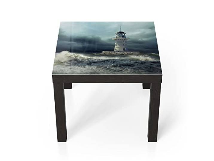 DEQORI Glastisch schwarz klein 55x55 cm Motiv Leuchtturm im Sturm ausgefallener Beistelltisch aus Glas Hochglanz Couchtisch fürs Wohnzimmer moderner Couch Tisch mit Design