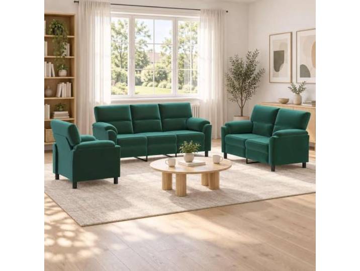 Sofa-Set 3 pcs Dunkelgrün Samt Metallrahmen,Kissenrücken,konische Beine,Samtoberfläche,drinnen,Entspannen,Gäste empfangen