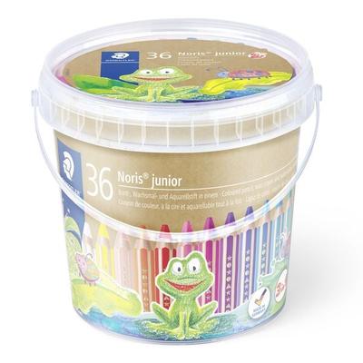 STAEDTLER Noris junior 140 Kindermalstift 3 in 1, Eimer mit 36 Malstiften in 18 sortierten Farben und 3 Spitzern, 140 C36