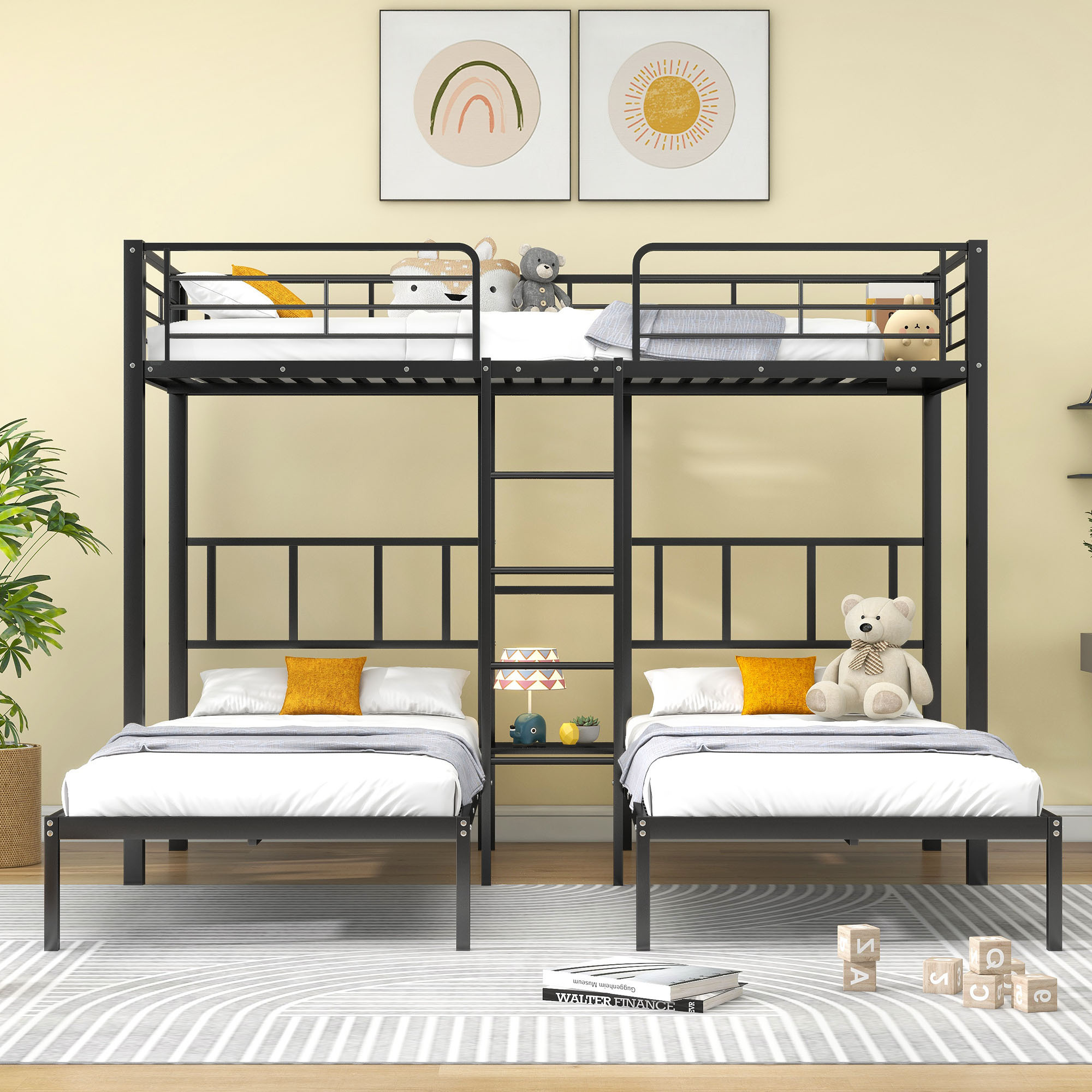 Sicher & komfortabel: 3-Bett-Etagenbett mit Leiter, Schutzgitter & Tisch, 90x200cm, Schwarz