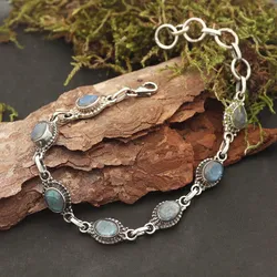 Drachensilber Armband 925 Silber Labradorit Edelstein Schmuck Armschmuck - Silber;Blau