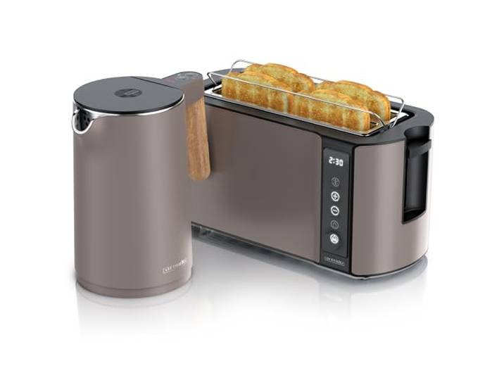 Arendo - Küchen Set - Edelstahl Wasserkocher mit Temperatureinstellung - Edelstahl Toaster Langschlitz 4 Scheiben Touchpanel – LED Display – Brötchenhalter - GS - Taupe
