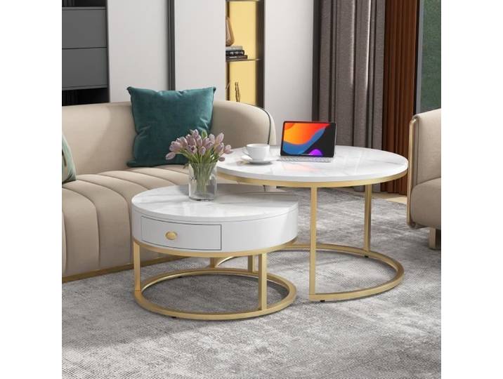 2 en 1 Table basse ronde Table basse gigogne moderne motif marbre brillant Table d'appoint ronde gigogne 70*70*48cm+50*50*43.5cm