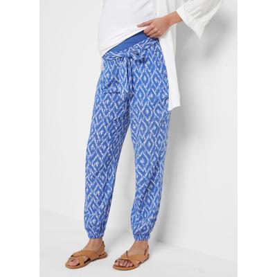 Umstandshose BONPRIX, Damen, Gr. 50, N-Gr, edelsteinblau, weiß graphisch, Obermaterial: 100% Viskose. Einsatz: 95% Baumwolle, 5% Elasthan, loose fit lang, Hosen, mit elastischem Bund und Bindeband, aus luftiger Viskose Crêpe