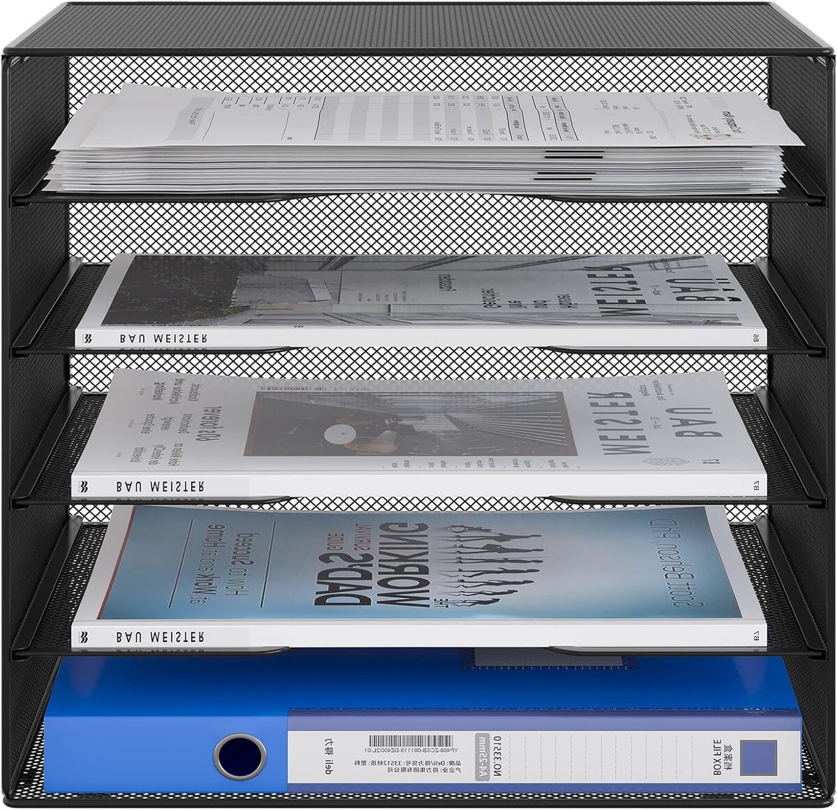 Dailygoody 5-laags metalen mesh A4 bureaulade papierorganisator en tijdschriftopslag - Zwart