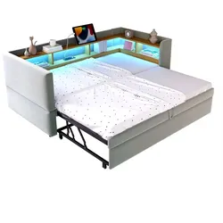 Polsterbett 90/180x190 mit LED-Beleuchtung, Steckdosen und Ablagefächern – Multifunktionales Schlafsofa in Hellgrau