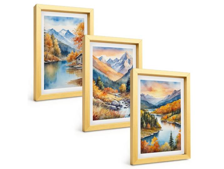 BILDER SET 3er Set - 20x30 cm Goldrahmen - Berglandschaft, Fluss, Herbst