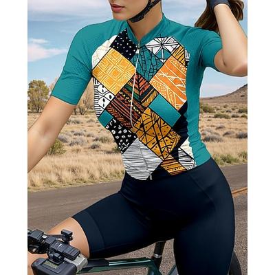 Damen Radtrikot Grafik Geometrisch Kurzarm Fahhrad Trikot Oberteil mit 3 Gesäßtaschen Sonnenschutz UV-beständig Schnelltrocknend Reflektierende Streifen Sport Waldgrün Bekleidung