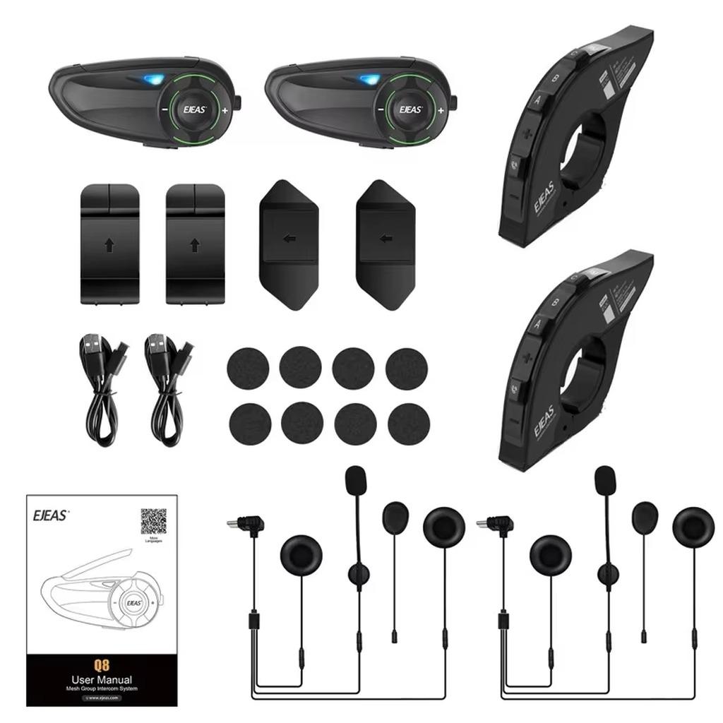 Bluetooth-Headset für Motorradhelme - Q8 - 2er-Set + 2 EUC - Mesh-Gruppen-Intercom für 6 Personen - Reichweite 1000 m - IP67 wasserdicht - Mehrsprachige Sprachansagen