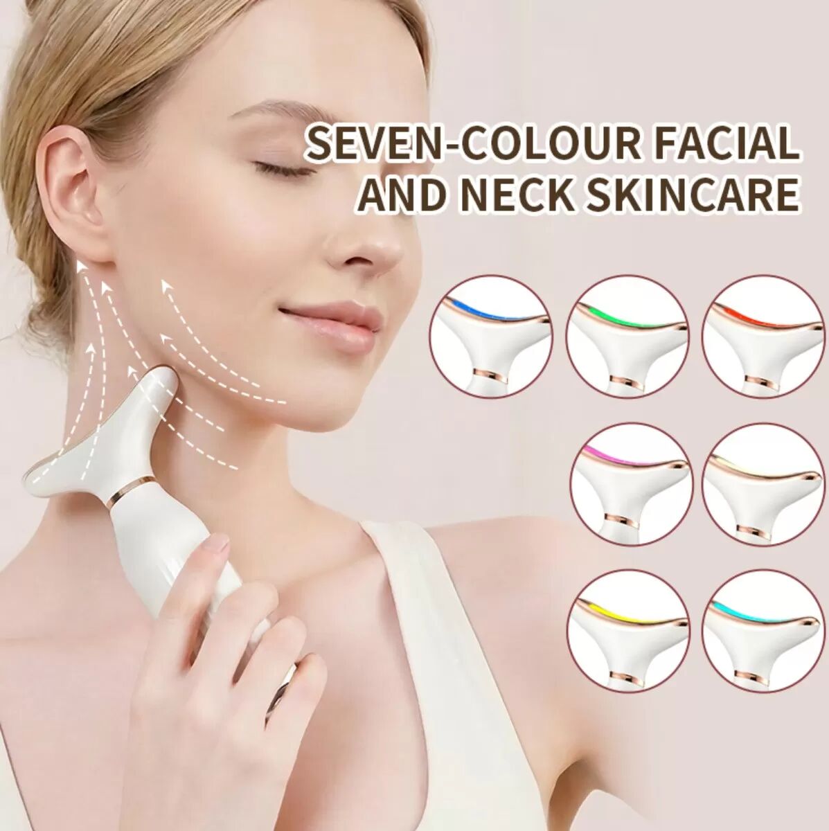 INF 7-farbiges LED-Gesichts- und Nackenmassagegerät mit Wärmefunktion und 7 Vibrationsmodi, LCD-Display, wiederaufladbarem Weiß