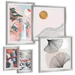 BILDER SET 5er Set - 50x50 cm & 20x30 cm & 40x60 cm Silberner Rahmen - Wasserfälle, Brücken, Bäume, Jahreszeiten