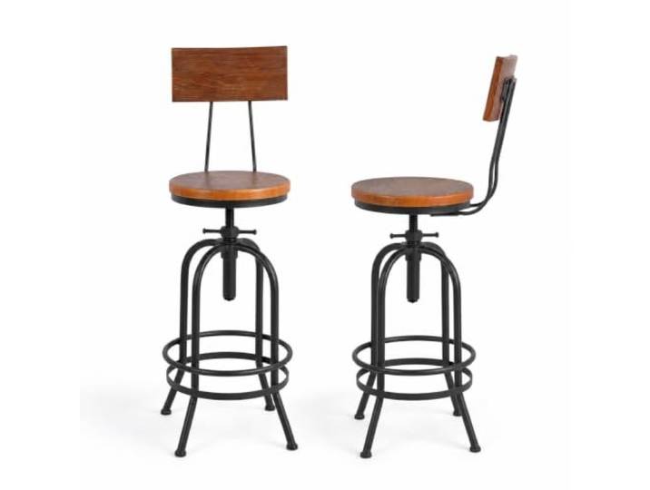 BOKKOLIK Set mit 2 industriellen Barhockern mit Rückenlehne, drehbarer Holzsitz, Barhocker, höhenverstellbar, 66–81,8 cm, Kücheninsel, Esszimmerstuhl