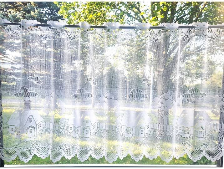 Scheibengardine STICKEREIEN PLAUEN Häuschen Gr. 6, weiss (weiß), B:200cm H:50cm, Polyester, Gardinen, Scheibengardine