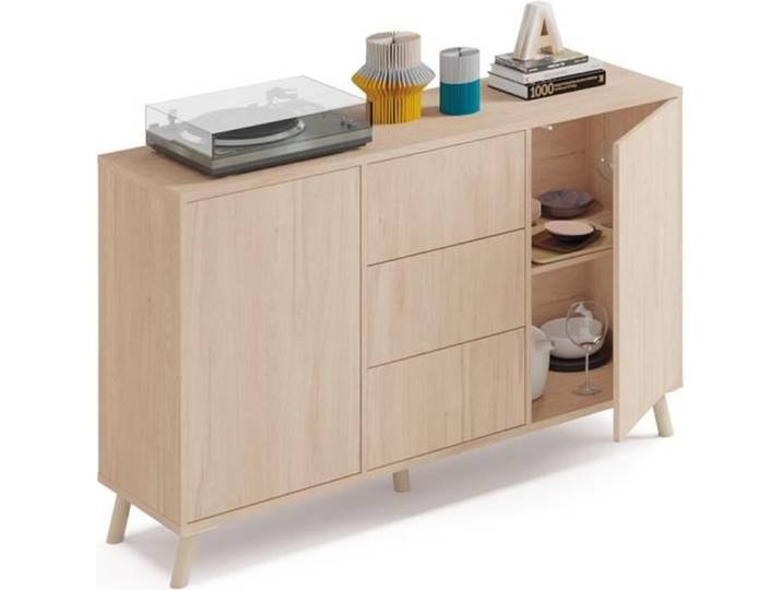 Buffet 2 portes + 4 tiroirs coloris effet bois - Hauteur 90 x Longueur 140 x Profondeur 40 cm