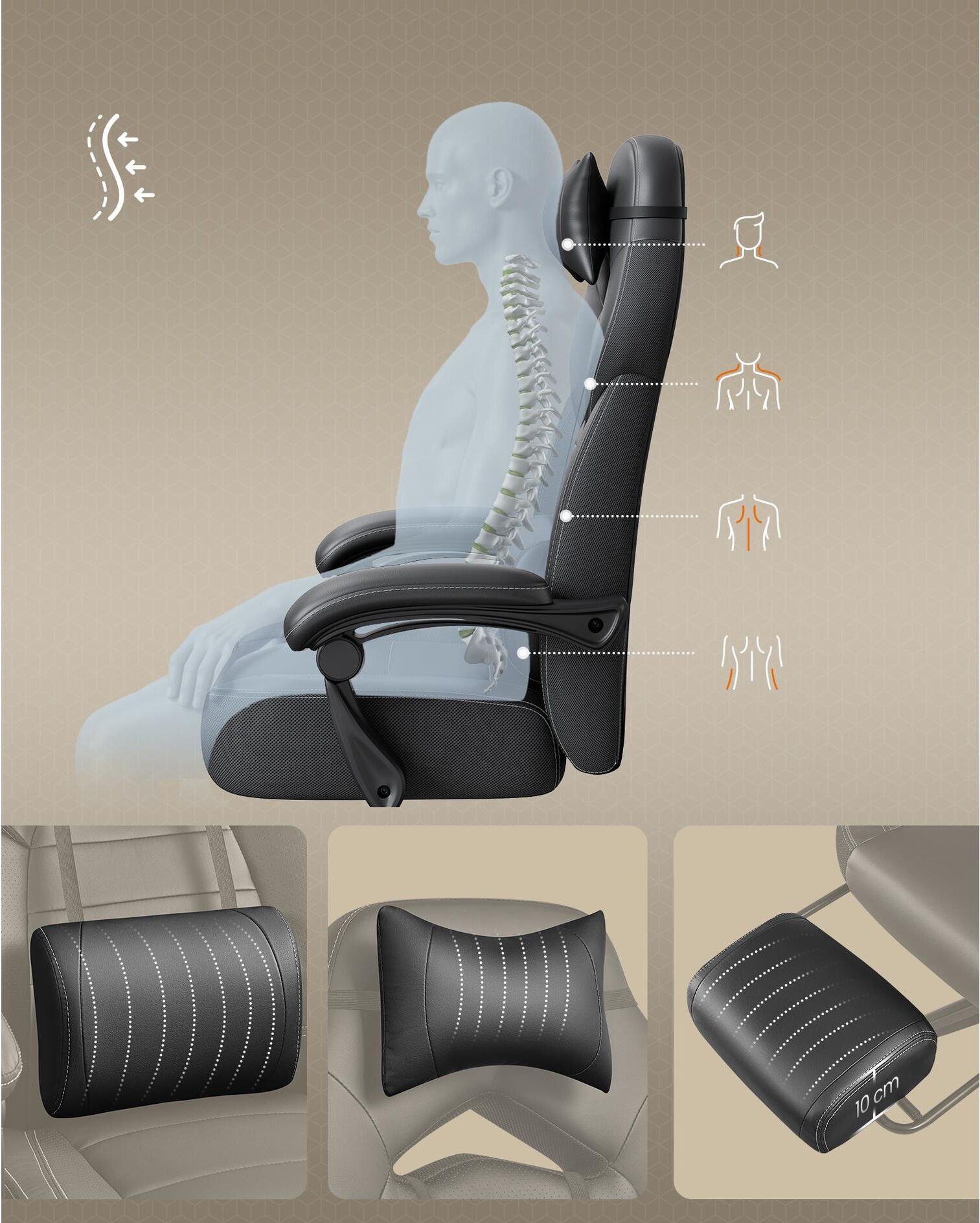 Gaming-Stuhl SONGMICS "70 x 64 x 128 cm", schwarz, Kunststoff, Stühle, Gaming-Stuhl schwarz Einheitsgröße