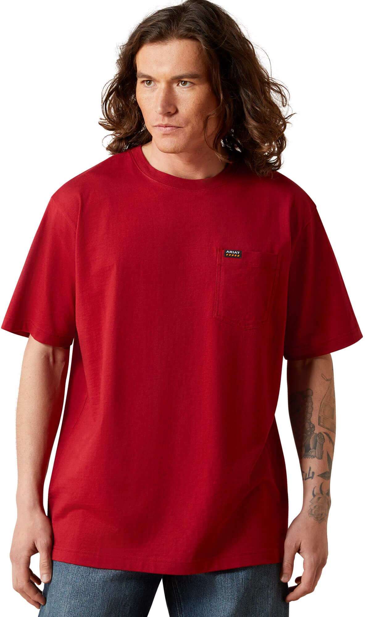 Men's Rebar Cotton Strong Standard Pocket T-Shirt in Rio Red, Size: Small by Ariat