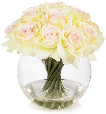 Enova Home 16 Heads Artificial Silk Rose Flowers in Round Glass Vase With Faux Water For Home Wedding Decoration