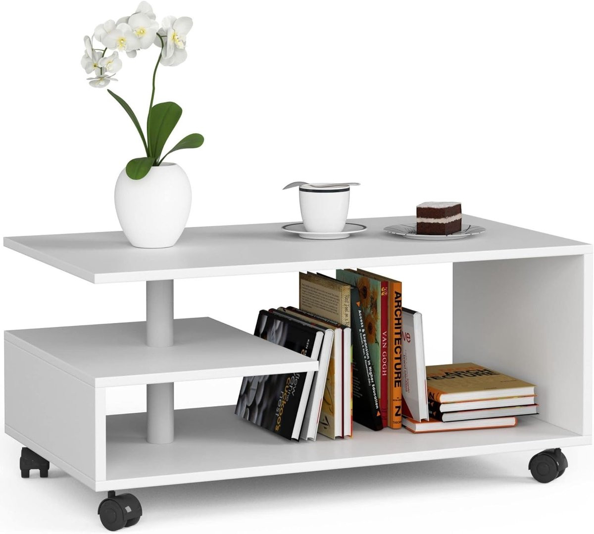 Moderne multifunctionele salontafel met wielen en tijdschriftenrek, wit, 40 cm