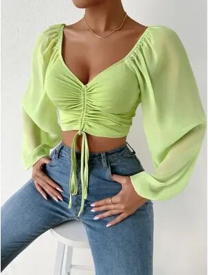 Lush Living Finds Ruched V Neck Long Sleeve Crop Top For Women Adjustable Drawstring Summer Tee green xl